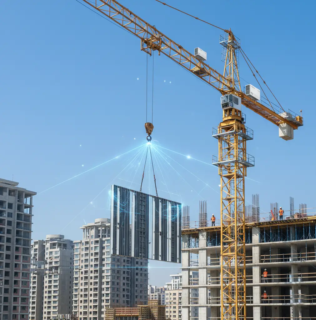 Tower crane with anti-collision device sensors during operation