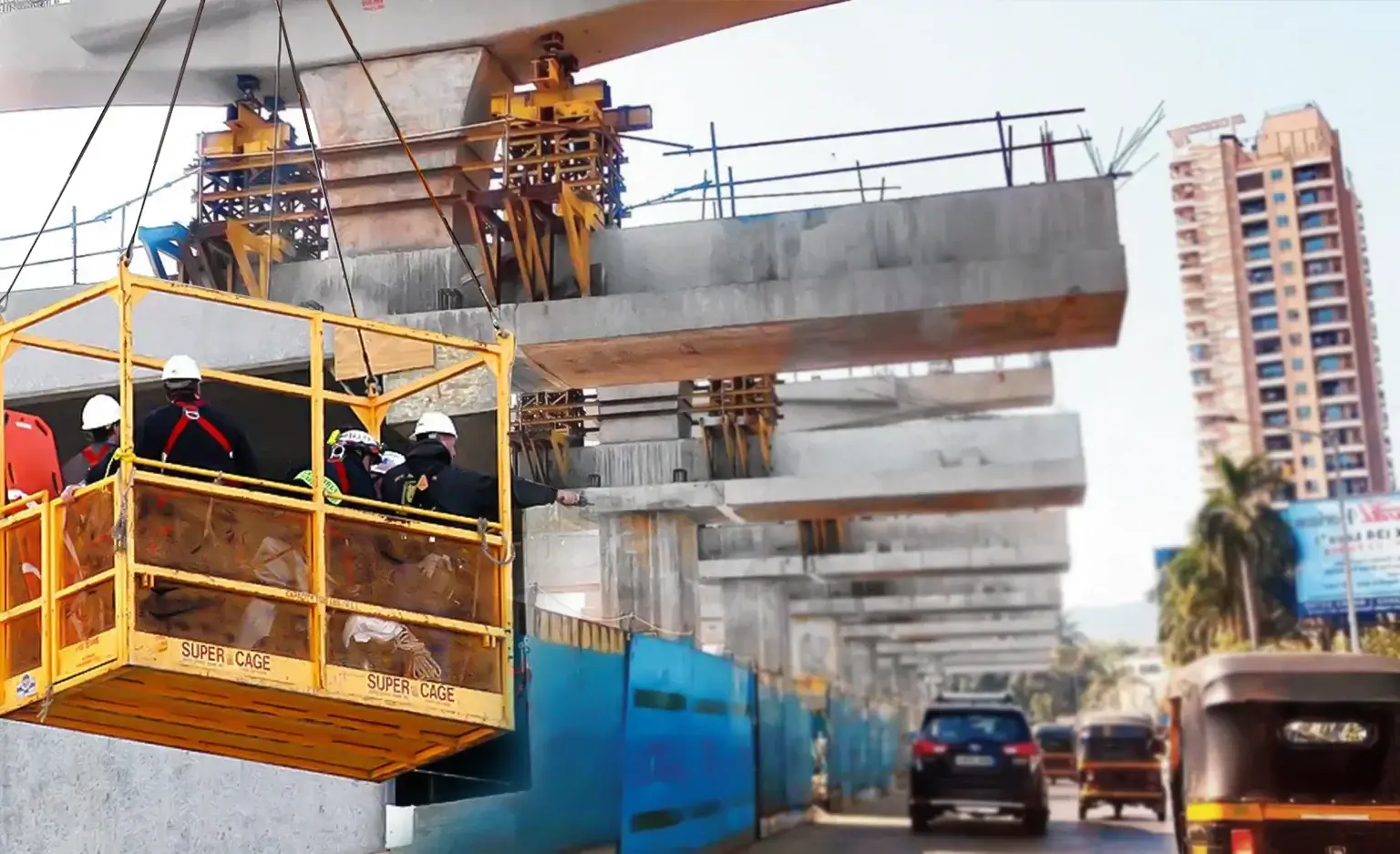 Construction workers being lifted by passenger hoist at metro station site