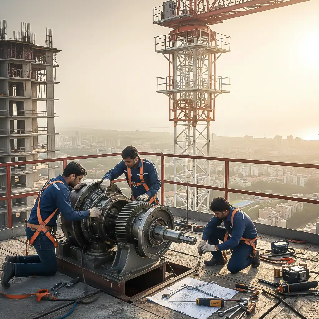Derrick and tower crane repair at high-rise site