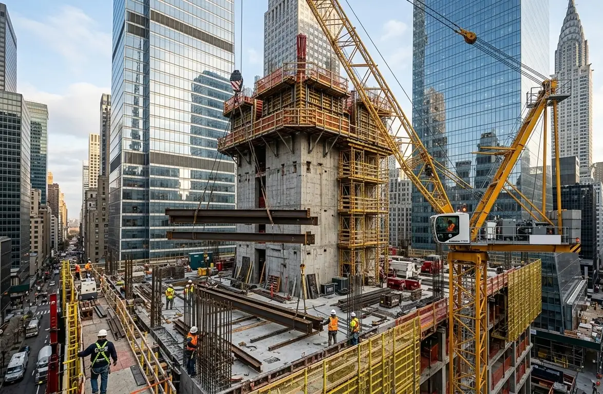 Luffing tower crane operating at a high-rise construction site in a congested city area