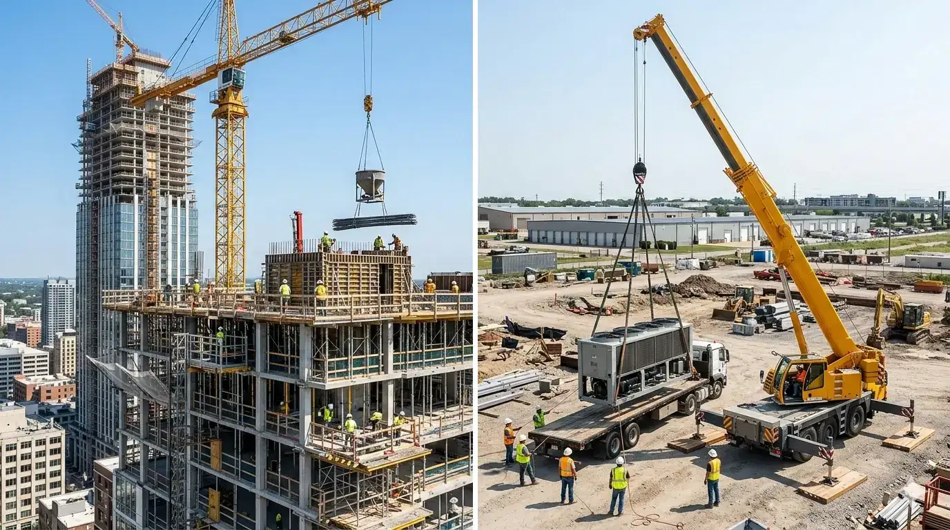 Tower crane used for high-rise construction vs mobile crane used for ground lifting operations