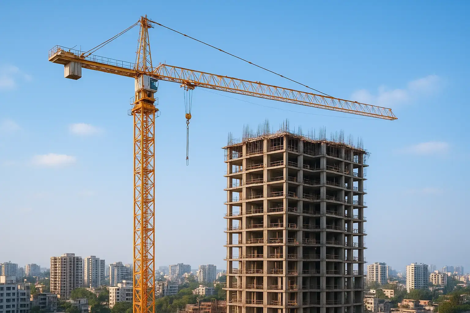 Tower crane working on a high-rise construction project in India